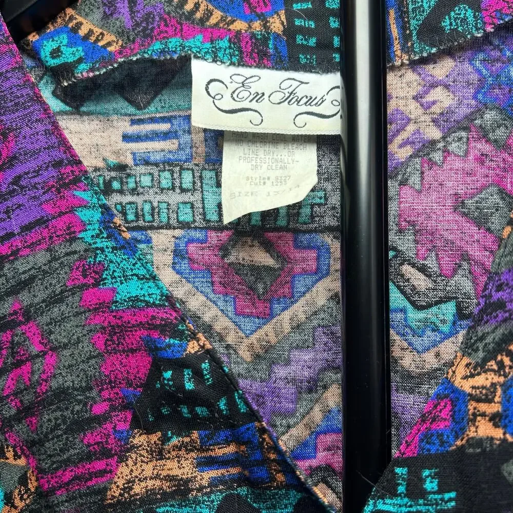 VTG En Focus Geometric Jumpsuit Purple L Rayon Southwestern Boho 90s USA Made